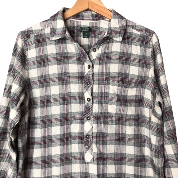 Women’s Large Roots Canada Plaid Tartan Tunic Pullover Popover Shirt Top - Picture 2 of 14